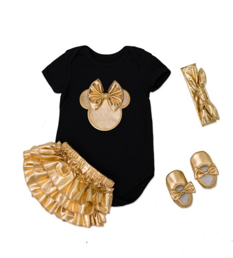2017 Baby Girl Clothes 4pcs Clothing Sets Rompers +Golden Ruffle Bloomers +Shoes +Headband
