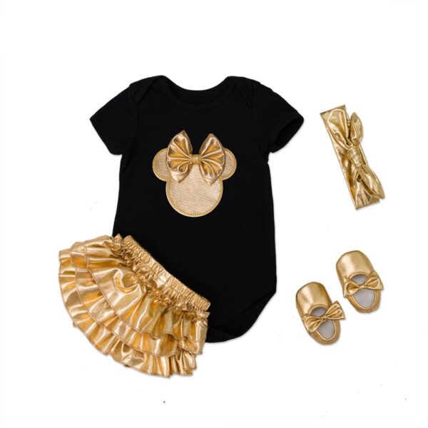 2017 Baby Girl Clothes 4pcs Clothing Sets Rompers +Golden Ruffle Bloomers +Shoes +Headband